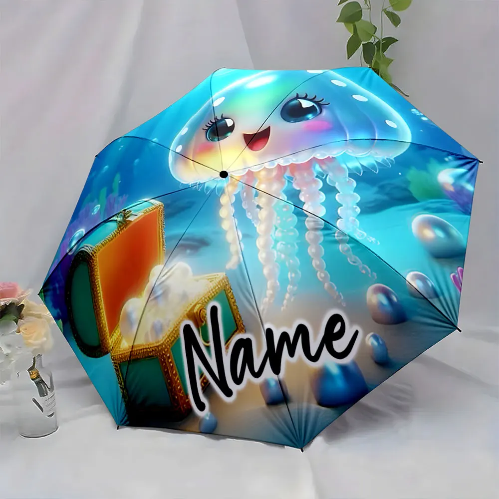 Custom Name  Cute Jellyfish Umbrella with Treasure Chest Design Print 8 Iron Ribs Folding Umbrella Auto-Open Fashion Sunshade