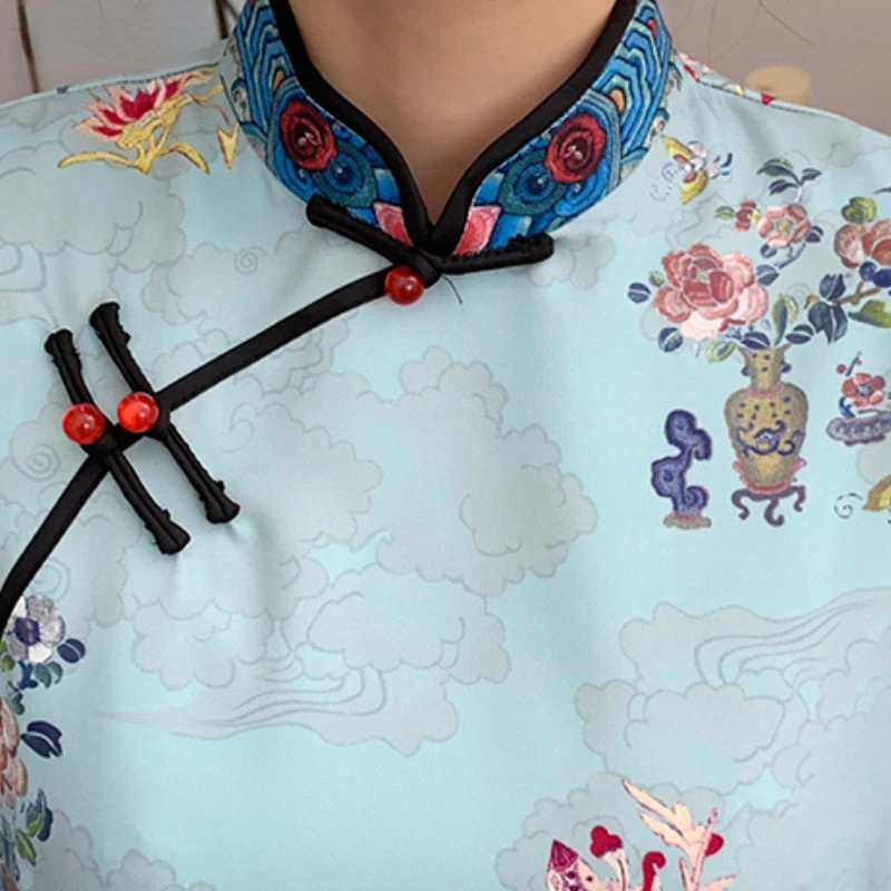 Rot blau lose neue Mode moderne chinesische Cheong sam A-Linie Kleid Frauen Ärmel Qipao traditionelle chinesische Kleidung