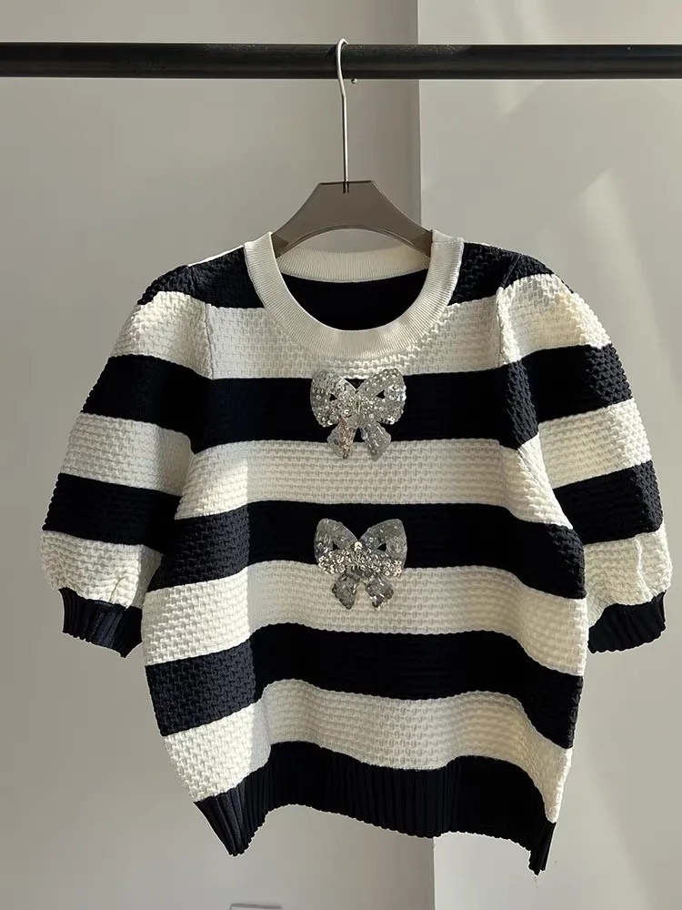 Sequins Bow Striped Sweater For Women Pullovers Summer Fashion Stylish Chic Short Sleeve O-neck Knit Tshirt Jumper Y2k Tops 2024