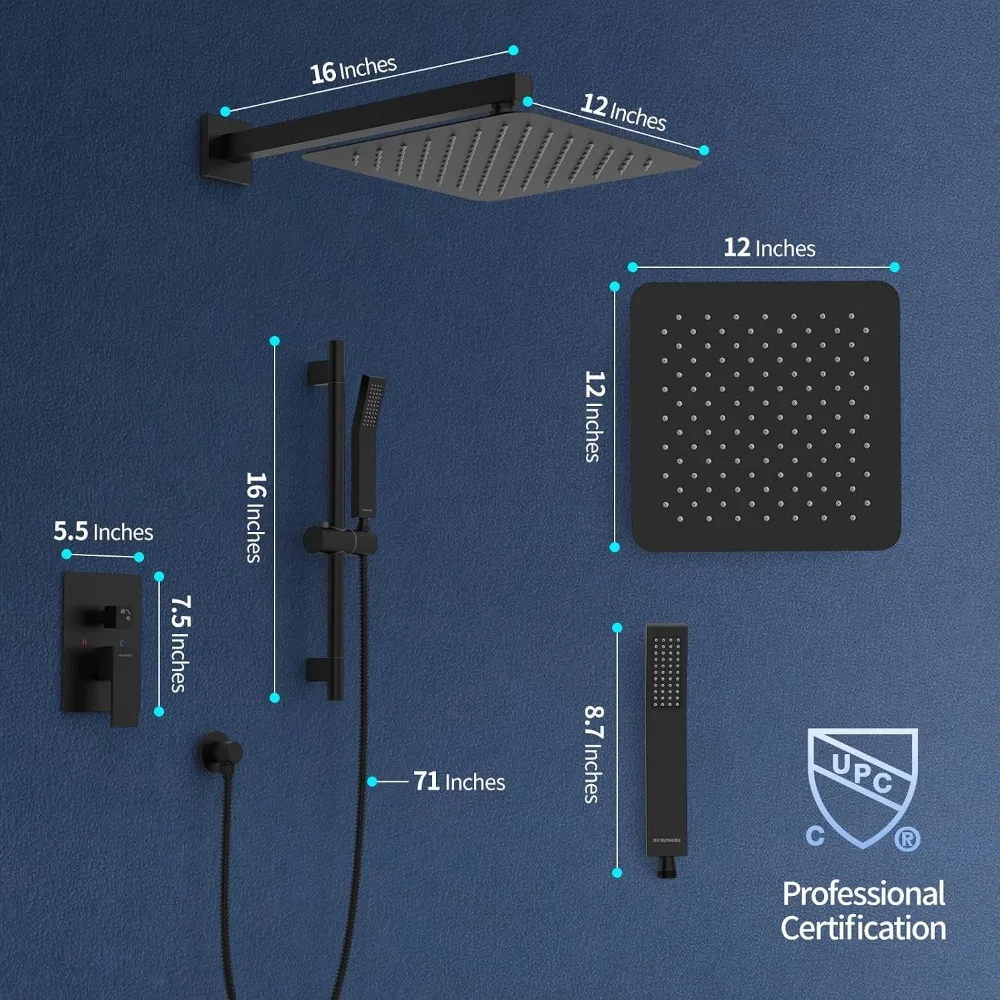 12 Inch Slide Bar Shower Faucet High Pressure Rain Shower Head & Handheld Combo Set Wall Mounted Shower System with Valve Trim, Matte Black view 5