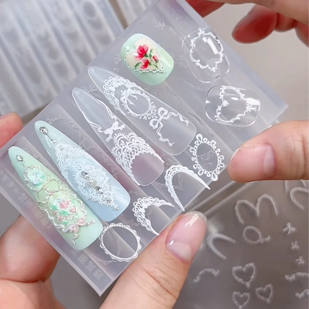 1Pcs Baroque Vintage Lace Silicone Nail Mold, Rococo 3D Embossed Gem Frame Heart Lace Nail Art Molds, DIY Nail Decoration Tools