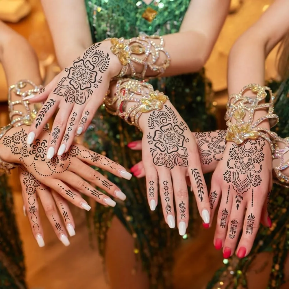 مجموعة قوالب وشم الأظافر، قالب وشم مؤقت لحناء الإصبع، ملصقات وشم عربية واقعية للنساء والفتيات
