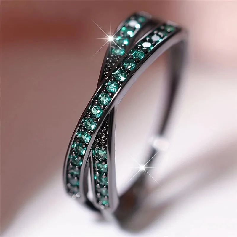 Luxury Female Green Zircon Stone Ring Trendy Black Gold Color Engagement Cute Bride Wedding Jewelry Gift For Women