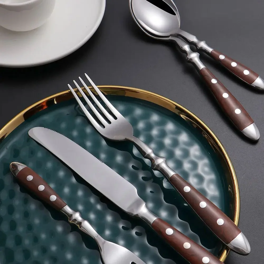 Hotel Stainless Steel Table Knife Fork Spoon Sets Teaspoon Teafork Steak Knife Cutlery Restaurant Serviing Set Black Wood Handle