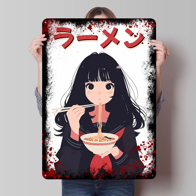Ramen Anime Girl Katakana Printed Poster Customized Wall Art Retro Vintage Metal Tin Signs for Home Decoration Aesthetic House