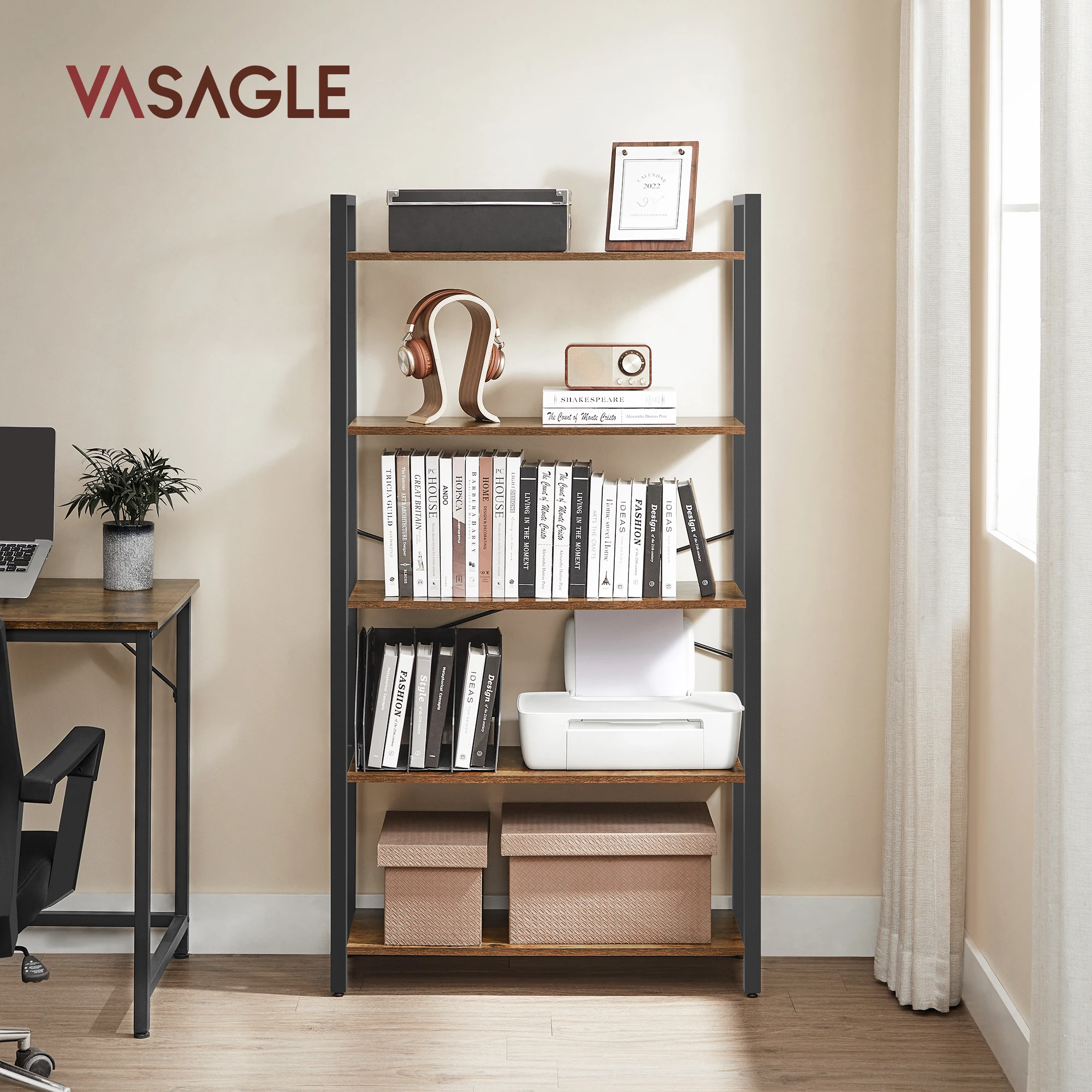 VASAGLE 5-Tier Bookcase, Storage Rack, Rustic Shelves with Steel Frame, for Living Room, Office