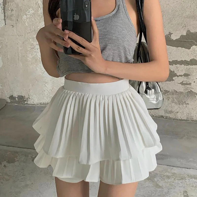 

Sexy Ruffles Mini Skirt Women Kawaii Cute Elastic Waist Double Layer White Pleated Skirt with Shorts Y2k Gyaru Summer