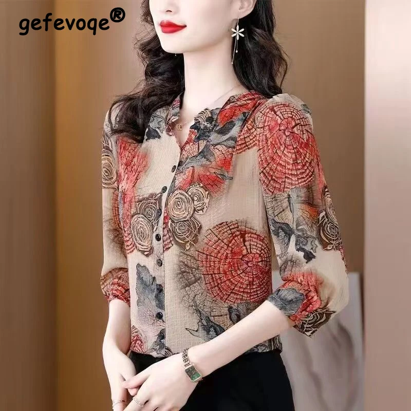 Women\'s Clothing Vintage Printed Elegant Button Up Shirt Spring Summer Korean Fashion 3/4 Sleeve Blouse Loose Ladies Tops Blusas