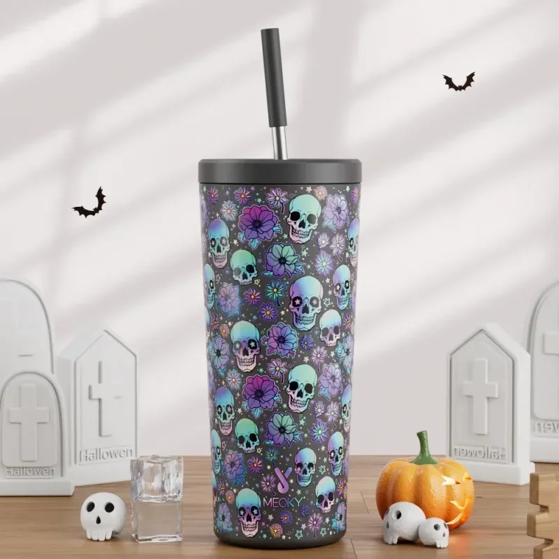 

Meoky 24oz Tumbler with Straw Halloween Insulated Portable Bottle Stainless Steel Skulls Prints Leak-Proof Vacuum Coffee Car Mug