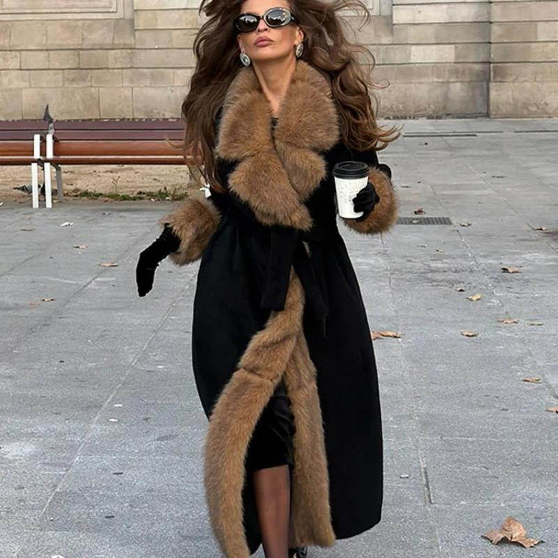 2026 Winter American Retro Slimming Fur Collar Lace-up Outerwear New Style Fashionable Fur Thickened Warm Long Jacket for Women