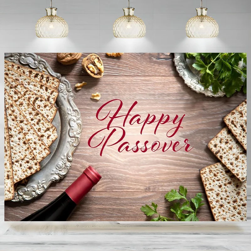 Happy Passover Backdrop Wine Matzah on The Wooden Background Jewish Celebration Party Photographic Christian Prayers Banner