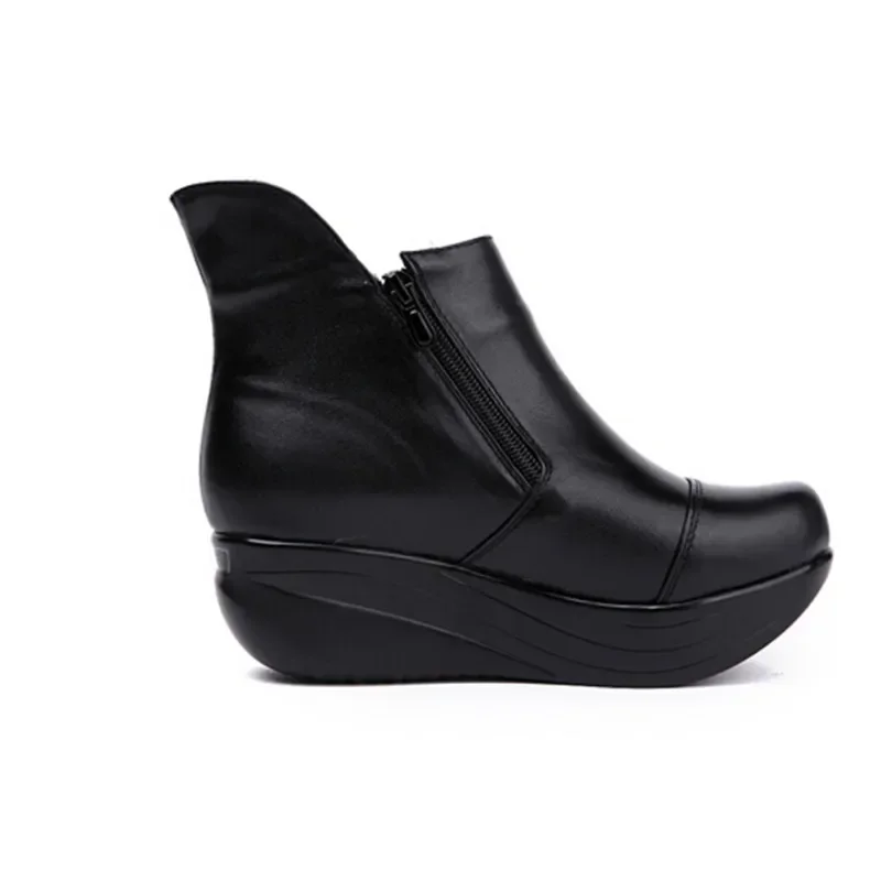 SNURULAN  Vintage Zipper Women Boots Black Genuine Leather Wedges Swing Shoes Warm Plush Winter Shoes Round Toe Platform Shoes