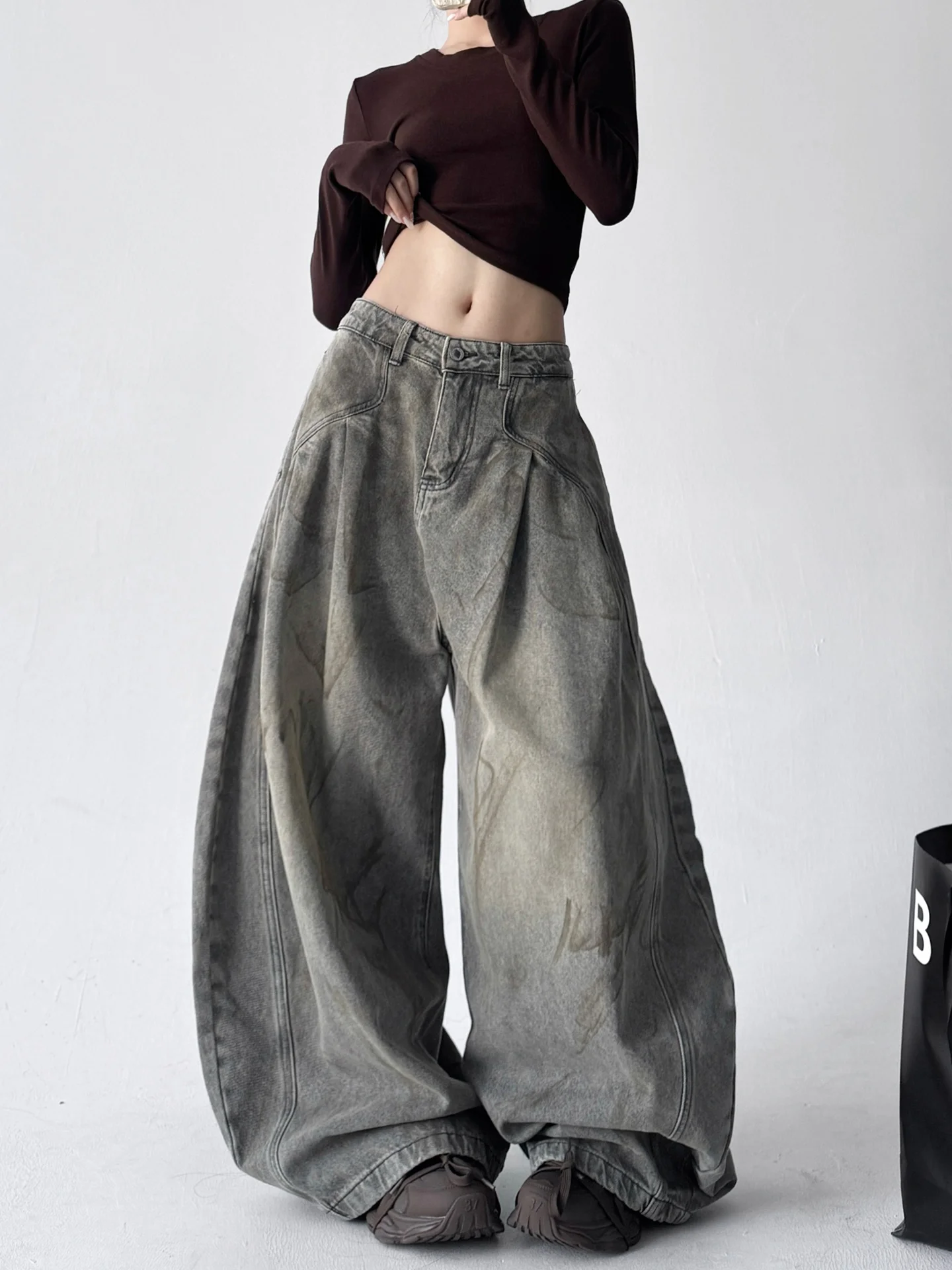 Hiver 2025 femmes coupe ample taille haute fiti lettre Denim jean polyvalent jambe droite jambe large pantalon Long