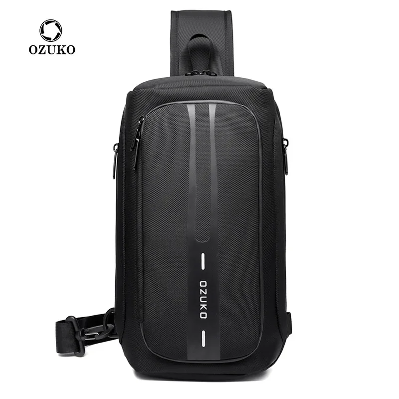 OZUKO Anti Theft Sling Chest Bag para homens, Sacos Mensageiro Masculino, Pacote exterior impermeável, Saco Crossbody de carga USB