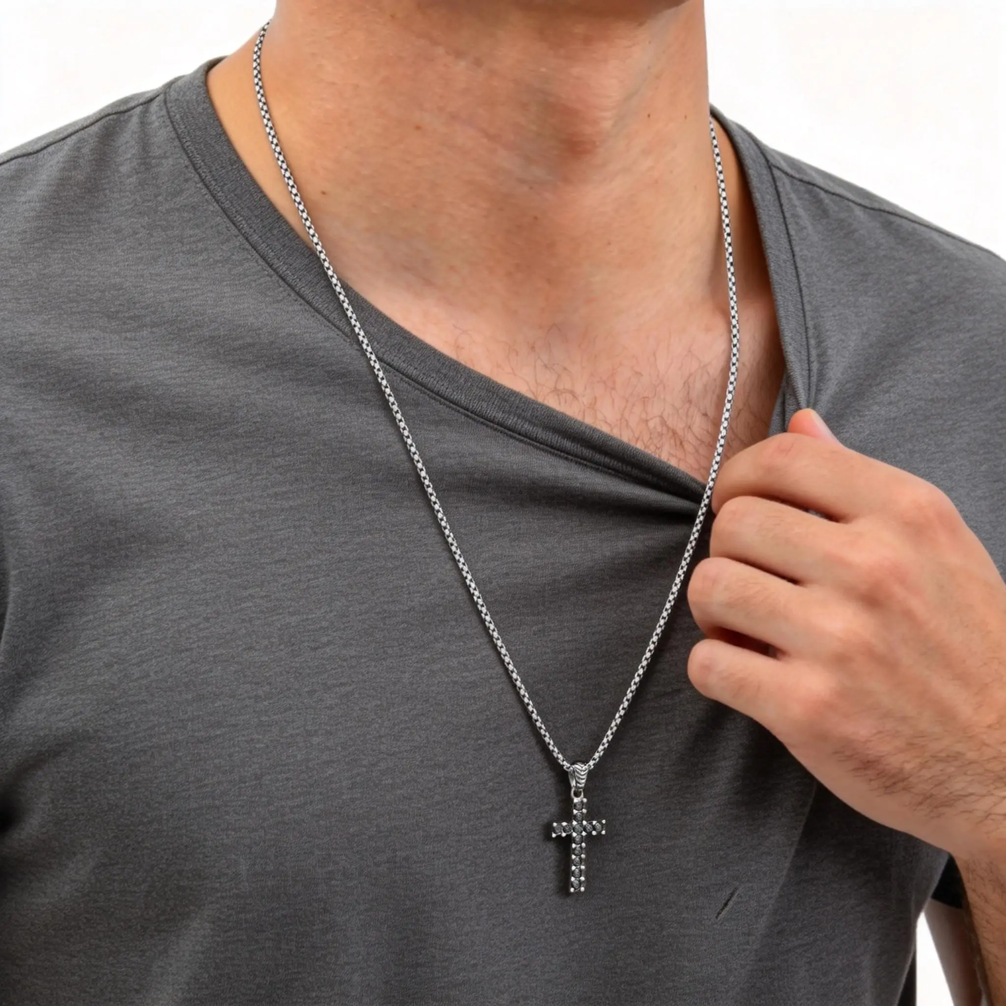 Hip-Hop Herren-Kreuzkette, Schwarze AAA Kubikzirkonia Edelstahl-Kreuzanhänger-Halskette, Geburtstagsgeschenk Männerschmuck – Detail 6