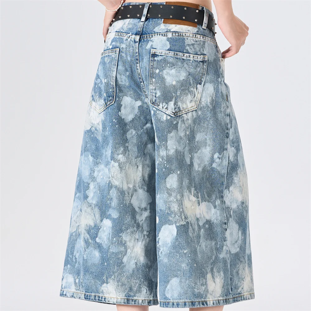 MWJLPWQ Heavy-Duty Graffiti Tie-Dye Wide-Leg Denim Cropped Pants Men Trendy Punk Style Washed-Out Splatter Design Pants 17414