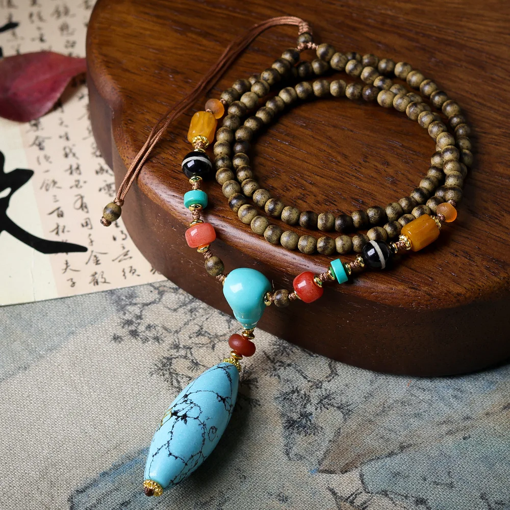 

Hand-Woven Butter Sinkerwood Necklace Wenzai Magnesite Turquoise Net Flower Dzi Pendant New Chinese Style Sweater Chain