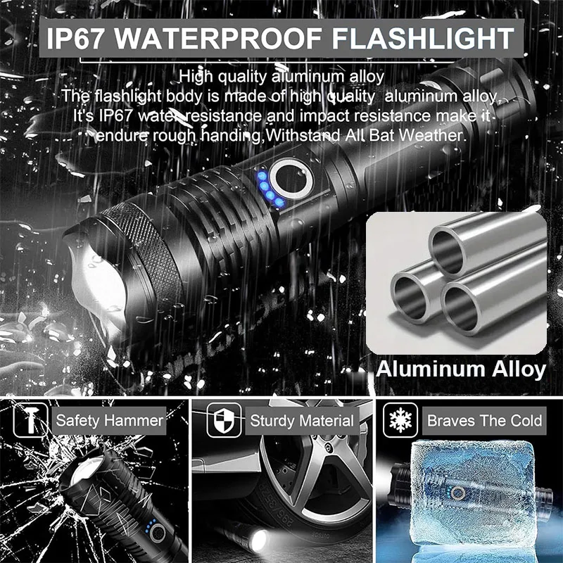 High Power LED Flashlight Super Bright Aluminum Alloy USB Rechargeable Torch With 26650 Battery Zoomable Flash Light for Hunting