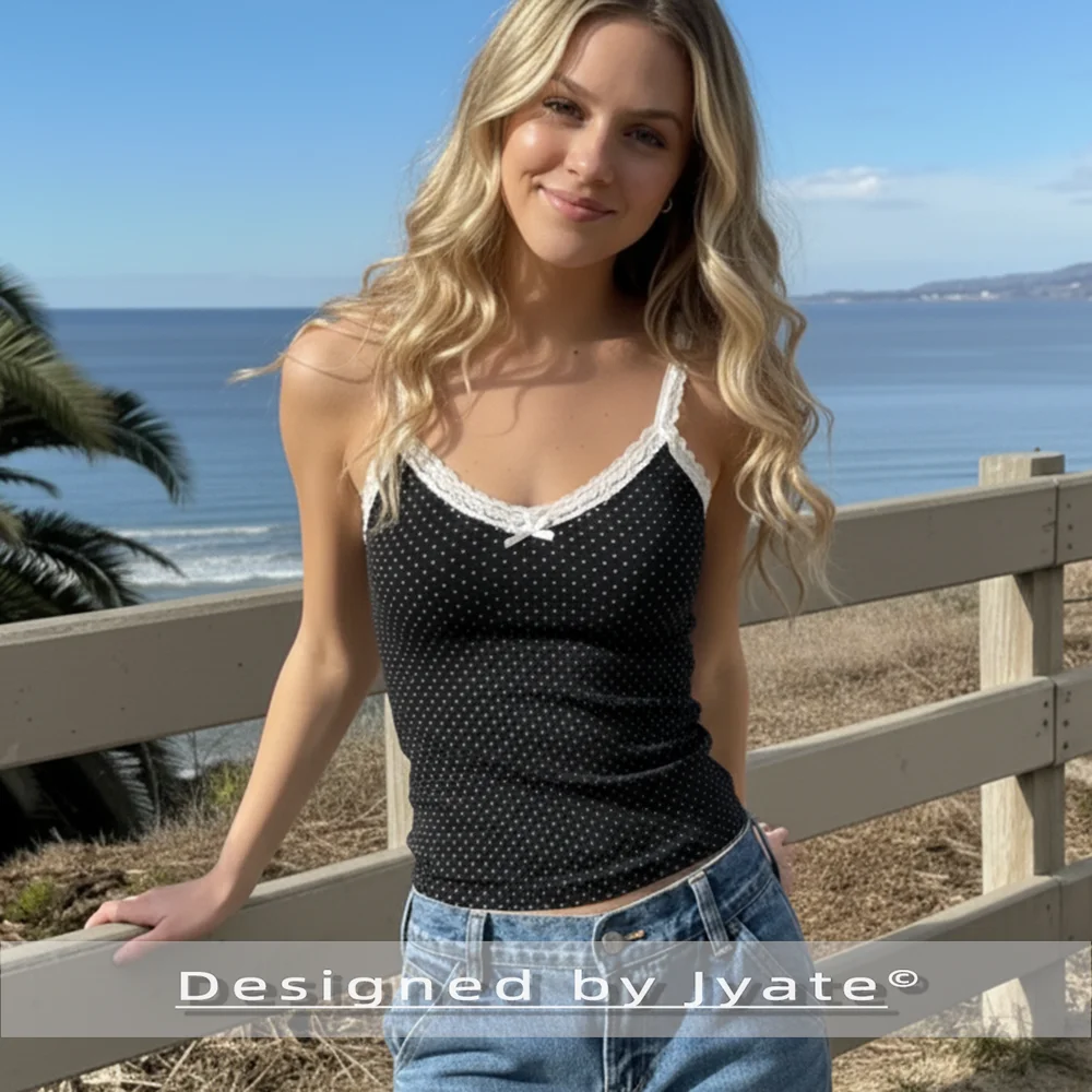 レーストリム水玉タンクトップキャミソール レディース 夏 コットン スイート ベイビー Y2K トレンド セクシー キャミソール タンク キュート クロップトップス 2025 スイートベイビー
