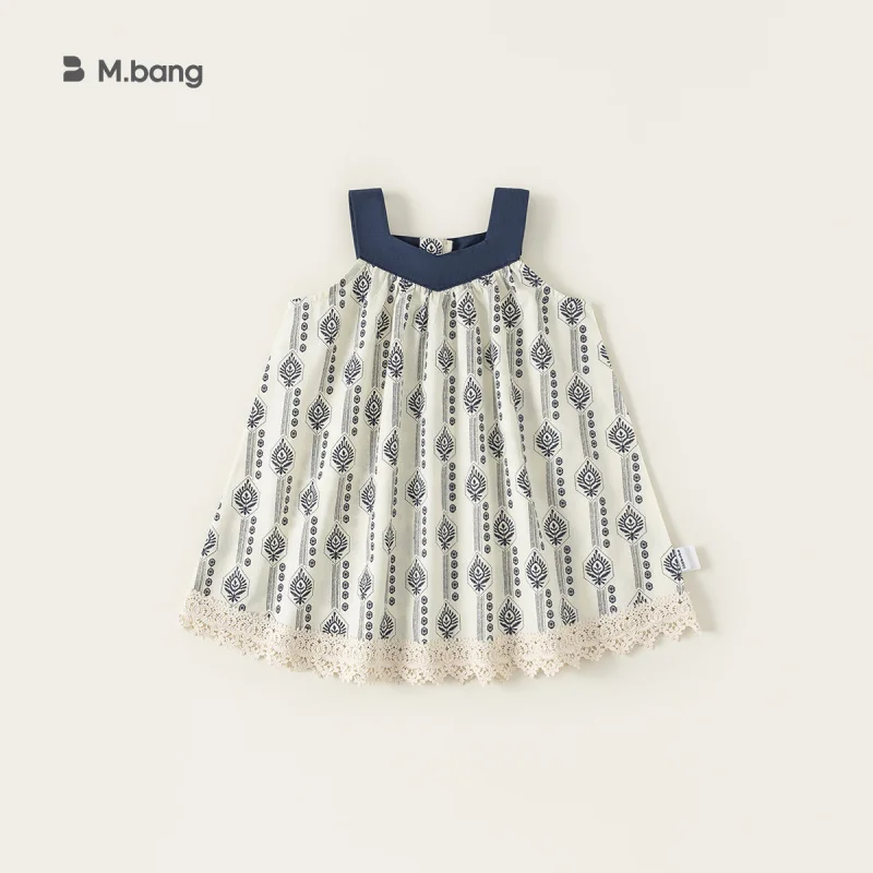 

Bangxuan children's clothing girls' dress, holiday style printed toddler suspender dress, new summer lace children's dress