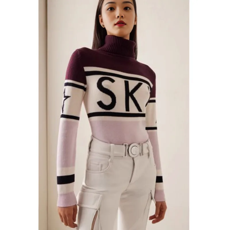 Letter Printed Turtleneck Winter Knitted Sweaters Women Elegant Slim Pullovers Patchwork Harajuku Thick Jumpers Women's Sweaters