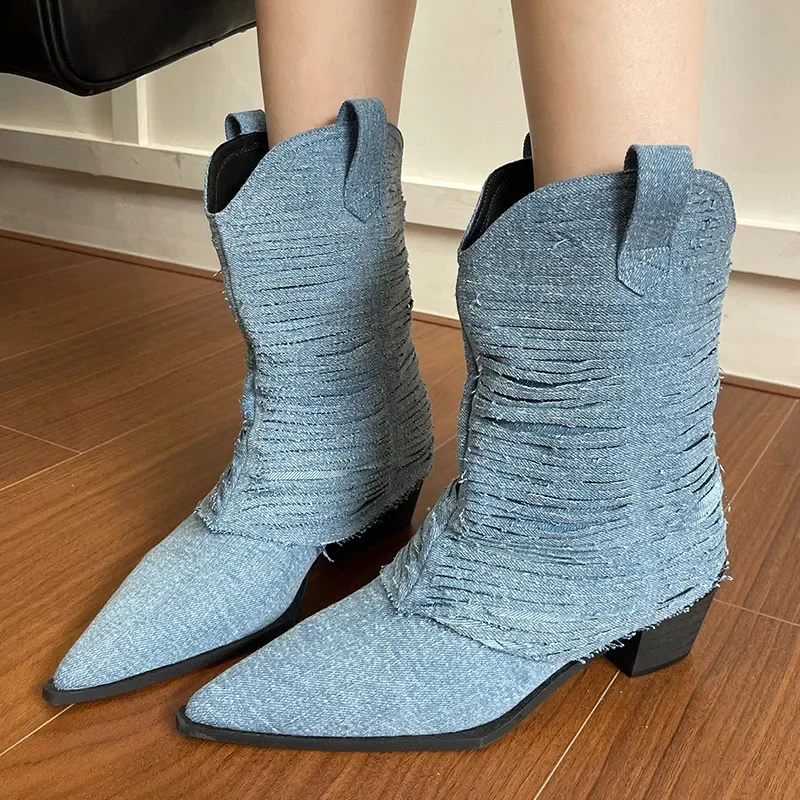 New Women Chelsea Ankle Boots Shoes With Heels Shoes Fashion Denim Ladies Short Modern Boots Pointed Toe Female Slip On Footwear