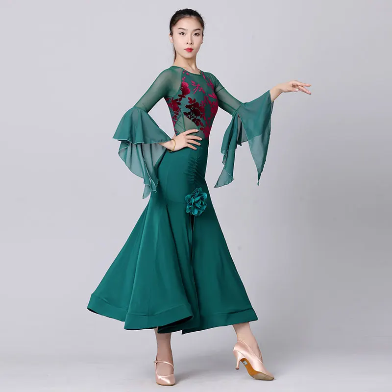 Doubl Ballroom Dance Moden Dance Long Skirt New Women\'s Slit Green Brand Suit Waltz High-end Dance Skirt