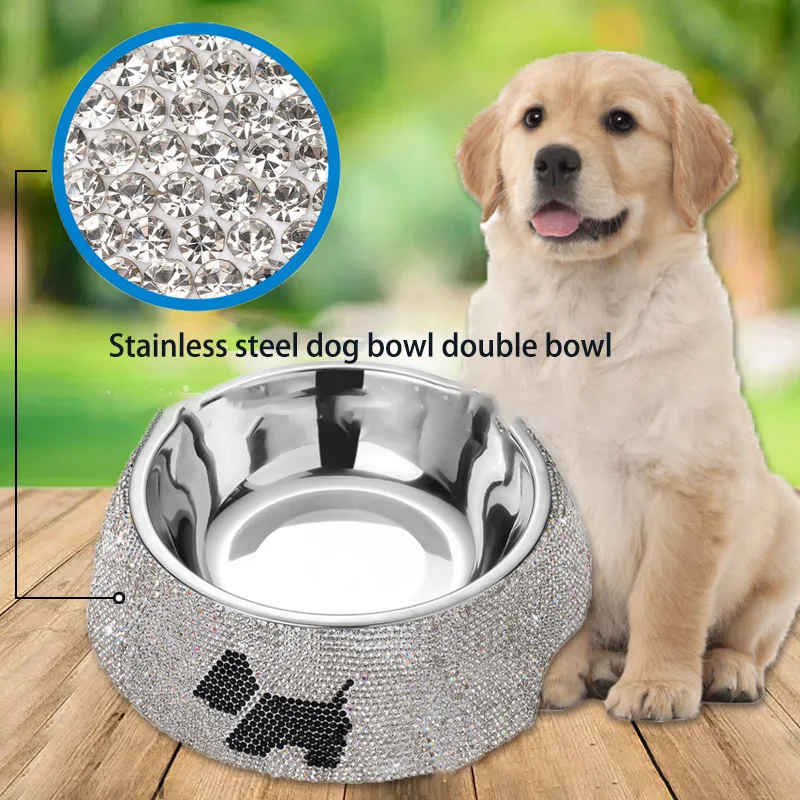 

Luxury Stainless Steel Cat Bowl Sparkling Rhinestone Pet Food Bowl Dog Accessories Multiple Cats Drinking Water Cat Feeder
