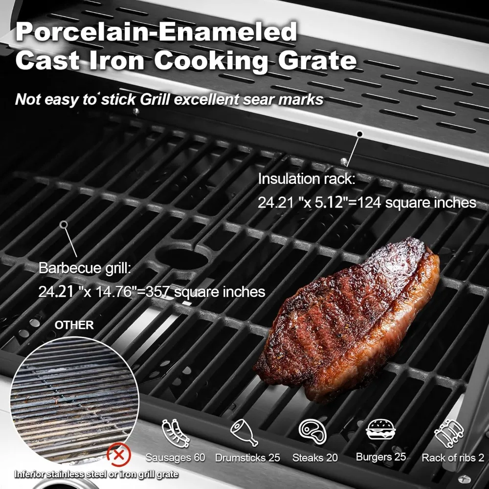 주철 창살 및 측면 스토브가 포함된 업그레이드된 4버너 바베큐 프로판 가스 그릴, 44,000 BTU 스테인레스 스틸 버너 바베큐 그릴