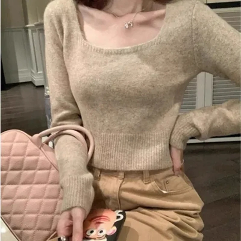 Hottie Crop Knit Sweater Women Long Sleeve Square Collar Korean Solid Pullovers Autumn Winter All Match Simple Bottoming Jumpers