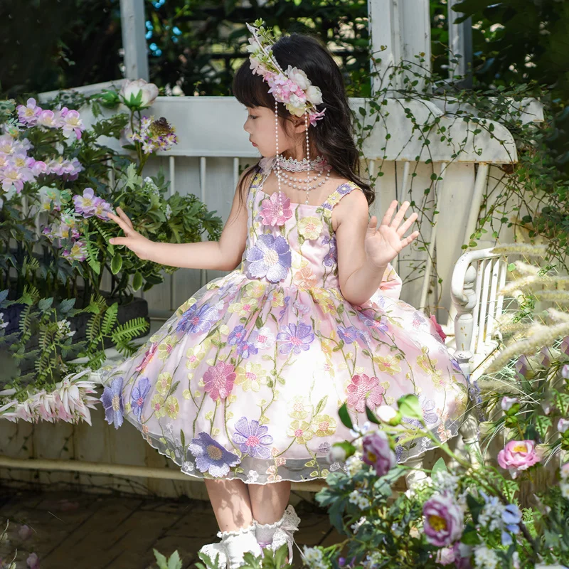 فستان أداء المسرح للفتيات الصغيرات فستان عيد ميلاد للأطفال تنورة حفلات الأميرة لوليتا مجموعة فساتين فتاة صغيرة مُزينة بنقشة الزهور