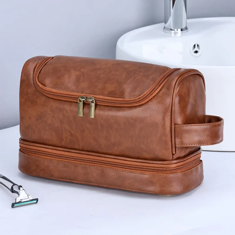 PU leather men's makeup bag, British-style double-layer hook, large-capacity portable hand-held toiletries and storage bag