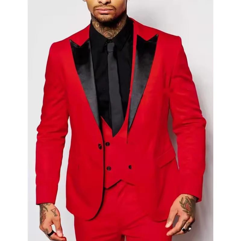 

Three-piece men's slim-fitting turtleneck jacket wedding tuxedo set, business men's formal suit (jacket + pants + vest)