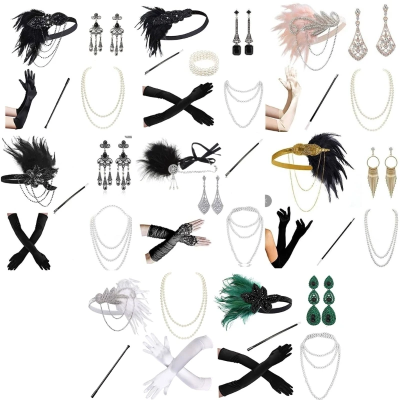 

1920s Dancers Great Accessories Set for Womens Headband Necklace Gloves
