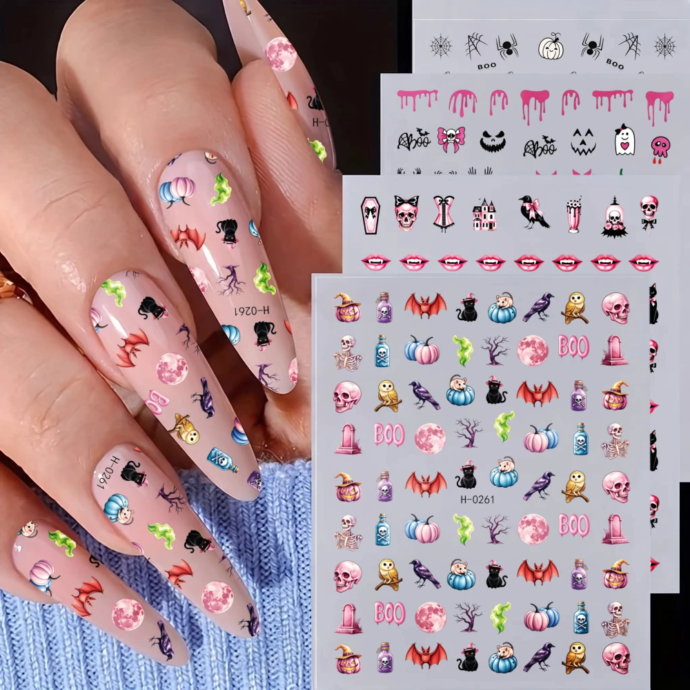 4 Sheets Cute Pink Halloween Nail Stickers 3D Pink Skull Pumpkin Mouth Cat Spider Nal Decals Self-adhesive Halloween Nail Slider