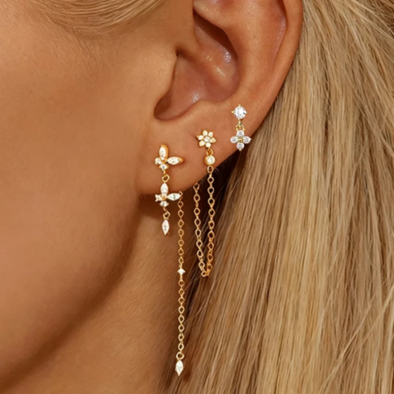 3PCS Flower Butterfly Tassel Chain Dangle Earrings Set For Women Zircon False Perforation Ear Clip Hypoallerg Statement Jewelry