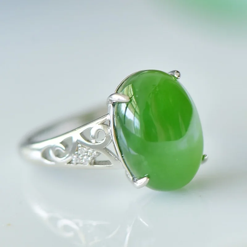 SGARIT Authentic Jadeite Hetian Jade S925 Silver Inlay 10*14mm Cabochon Ring Fine Texture Fashion Simple Exquisite Versatile