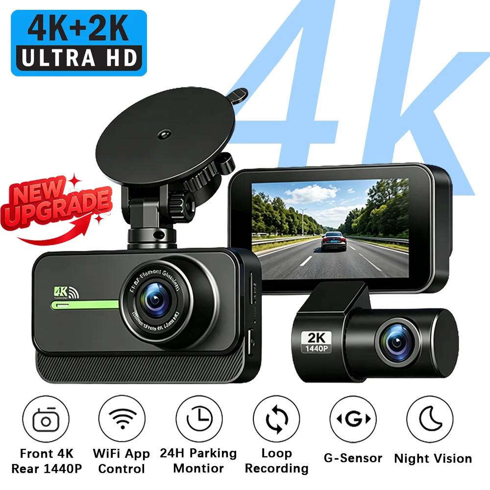

Dash Cam Front 4K Rear 2K Car Cameras Black Box WiFi Night Vision 24h Parking Monitor G-Sensor Dual Lens DVR Video Recorder