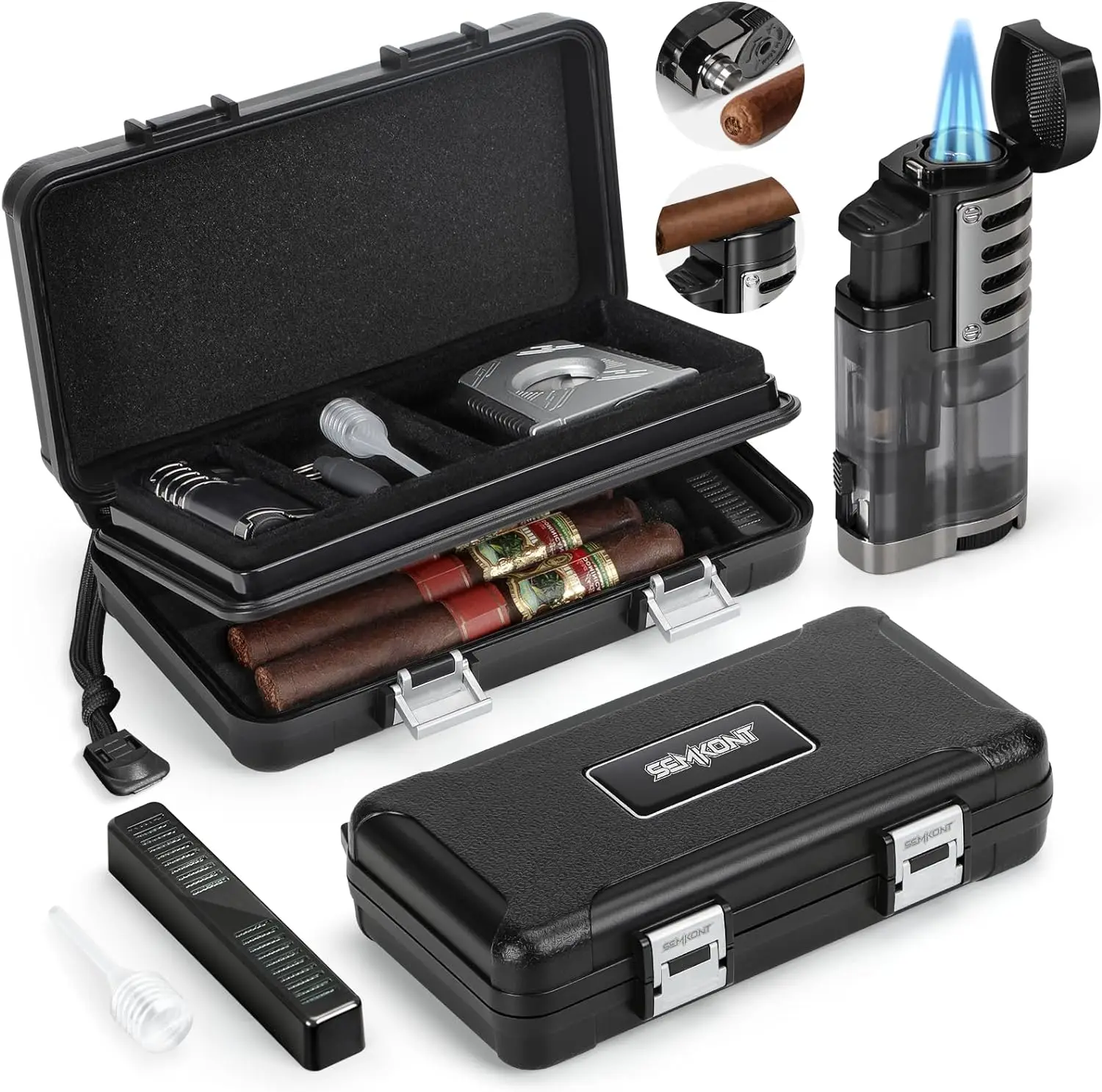 SEMKONT-Portable Travel Cigar Humidor,Double Cigar Humidor with Separate Storage for Cigar Accessories,Holds 5 Cigars