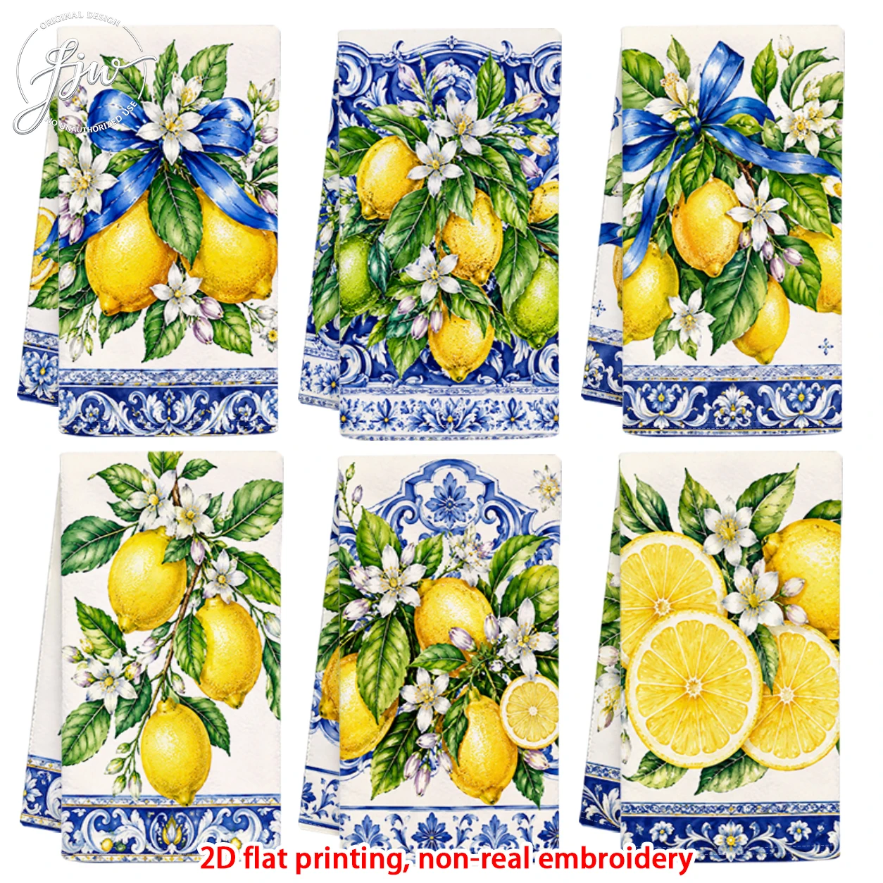 6pcSummer Lemon Kitchen Towels  Vintage Blue Porcelain Farmhouse Dish Towels for Home Decor