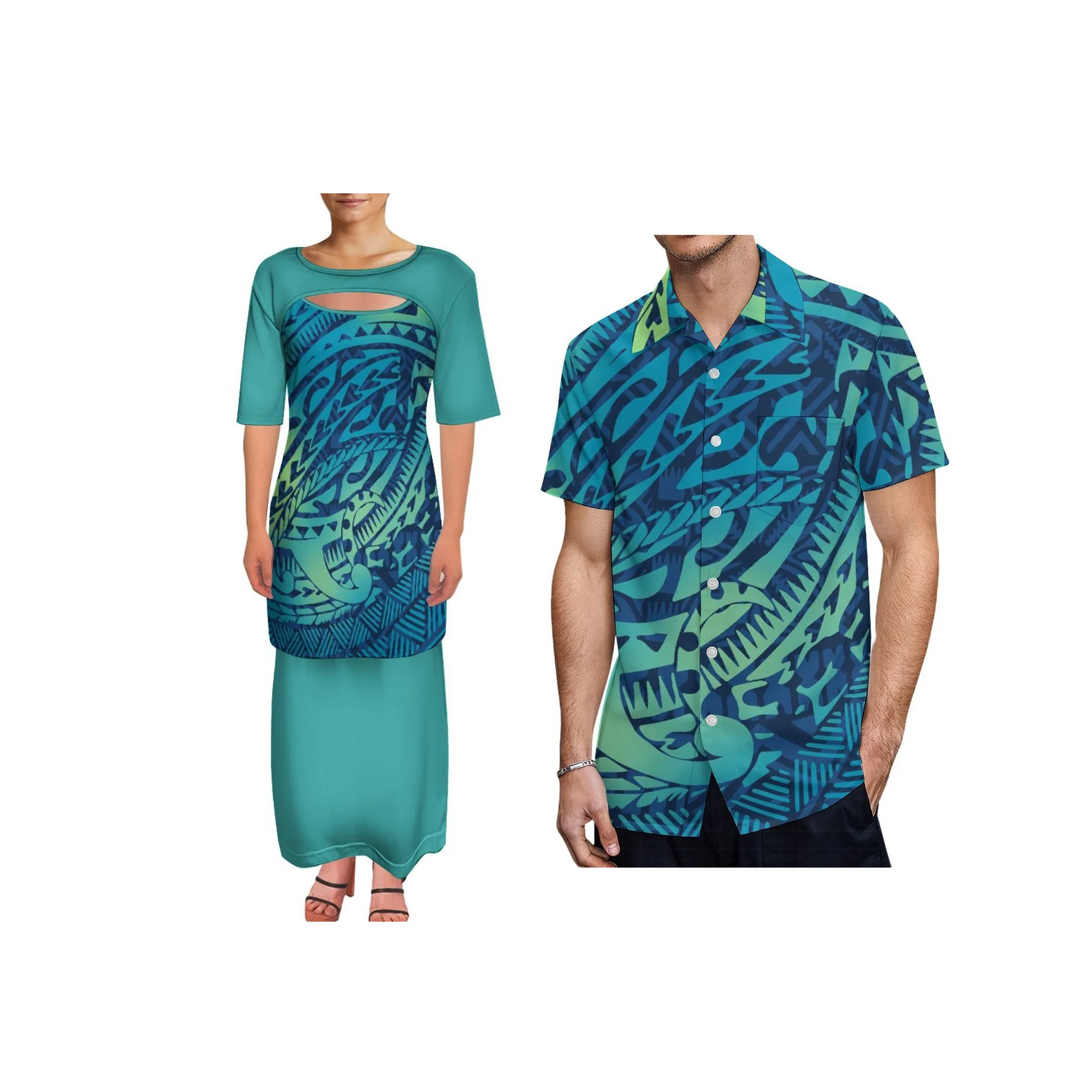 

New Custom Tongan Puletasi Dress Two Piece Dress Polynesian Design Maxi Dress for Women Cutout Print Neck Maxi Dress