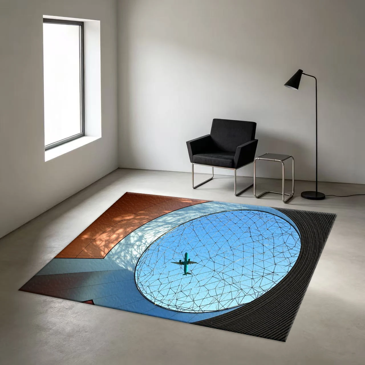 Modern Architectural Skylight Airplane Landscape Carpet Creative Perspective Art Printed Carpet Non-Slip Floor Mat Suitable for Office, Living Room, Home Decoration