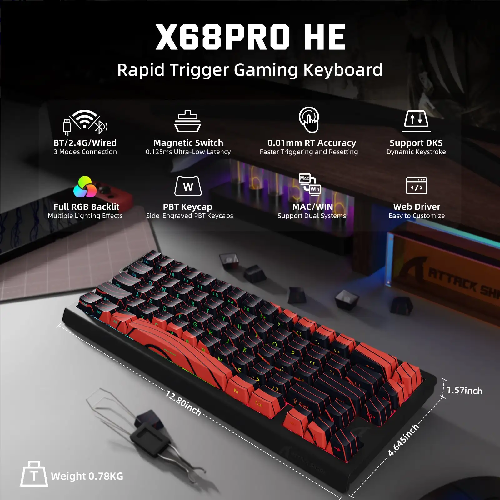 ATTACK SHARK X68 PROHE Magnetic Switch Wireless Keyboard 67KEYS 0.01mm Precision, 8KHz Polling,0.125ms Latency&RGB-5000mAh