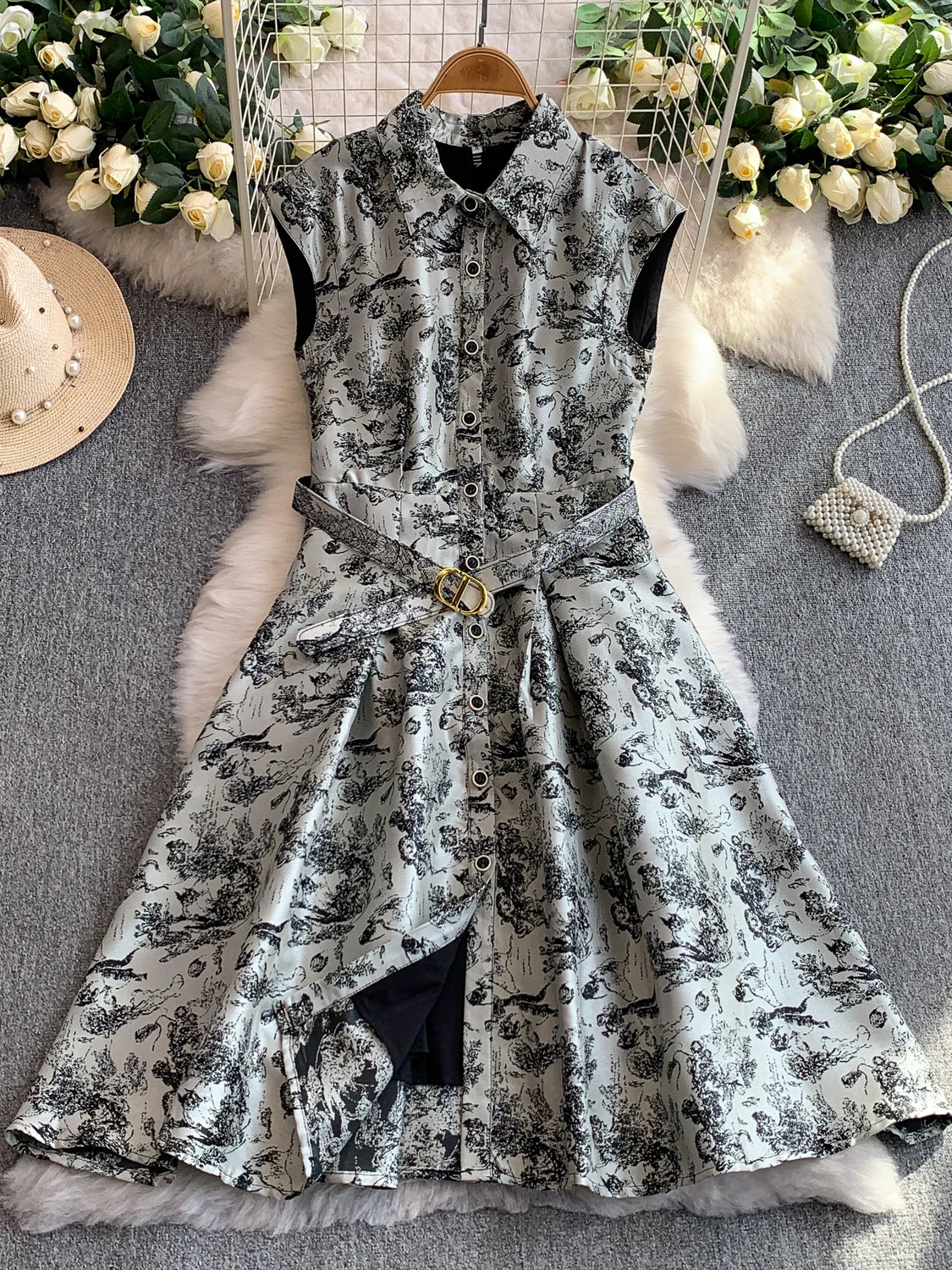 Ele Satin besticktes Svel Damen Dr. Schlankmachendes A-Linien-Kleid mit einem Knopf und hoher Taille für die Herbstsaison