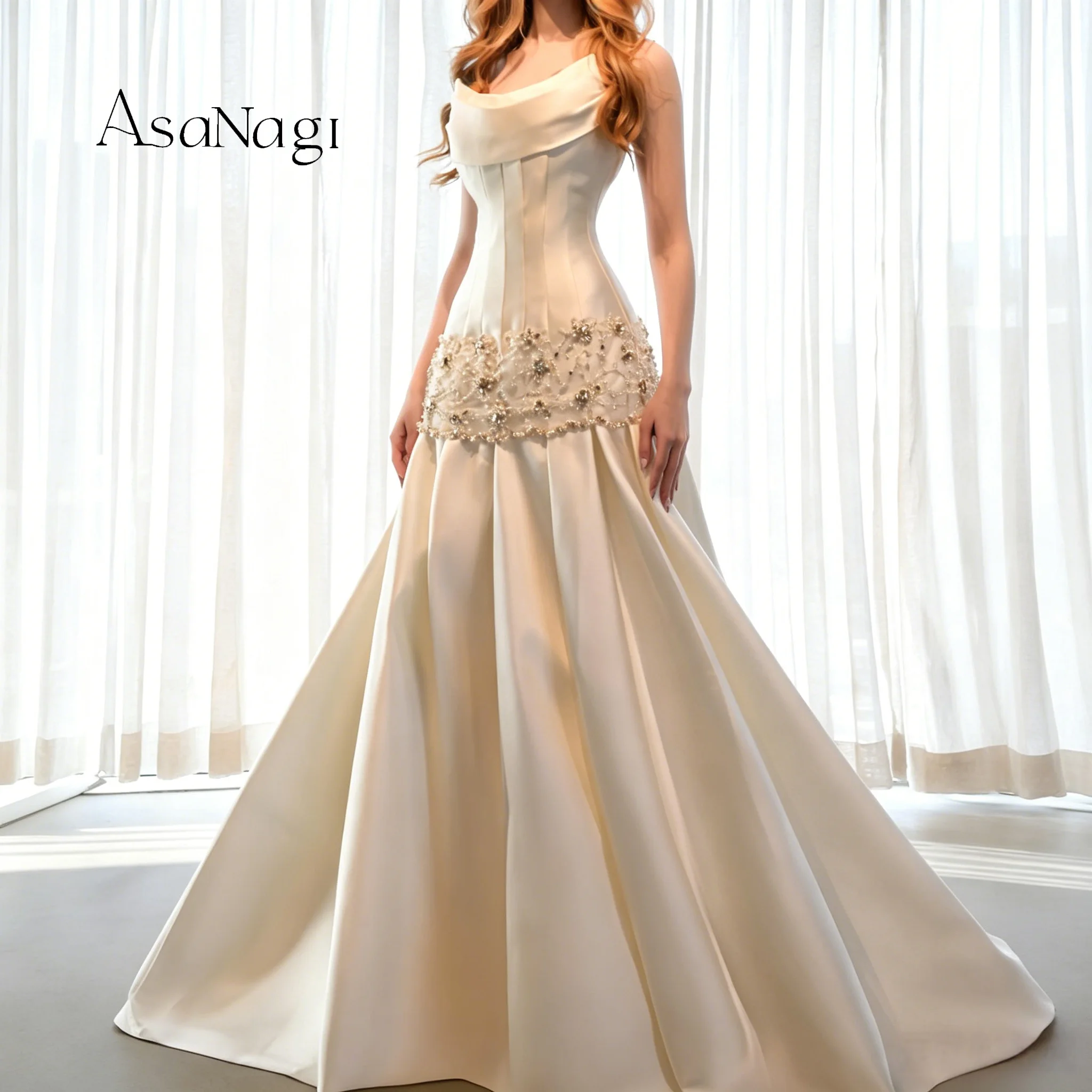 

AsaNagi Women's Evening Dress Ivory White Strapless Satin Mermaid Gown Cinched Waist Exquisite Beading Design