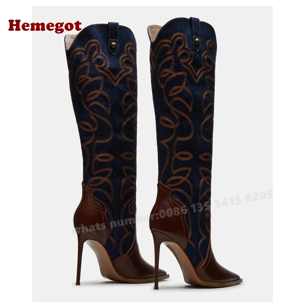 Embroidered Patchwork Western Cowboy Boots Pointy Toe Stiletto Heels Women's Knee High Boots Winter Splicing Casual Shoes 2025