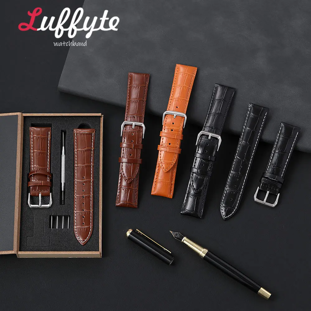 Men Embossed Pattern Wrist Band 16mm 18mm 20mm 22mm 24mm with Gift Packing Box Business Style Synthetic Leather Watch Strap