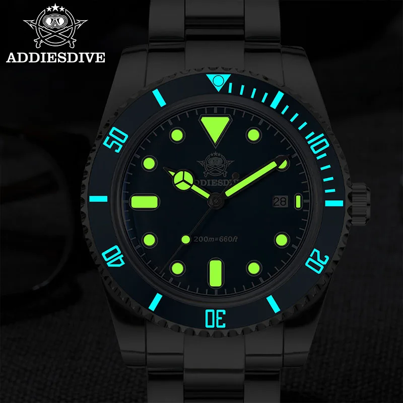 ADDIESDIVE 새로운 럭셔리 39mm 남성용 다이빙 시계 200m C3 빛나는 버블 미러 유리 세라믹 베젤 남성용 쿼츠 아날로그 시계