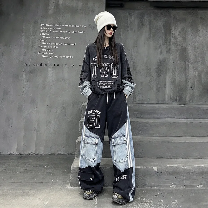American High Street Women Hoodie Set Hole Faux Two-piece Denim Splicing Loose Pullover Top+Elastic Waist Wide Leg Casual Pants
