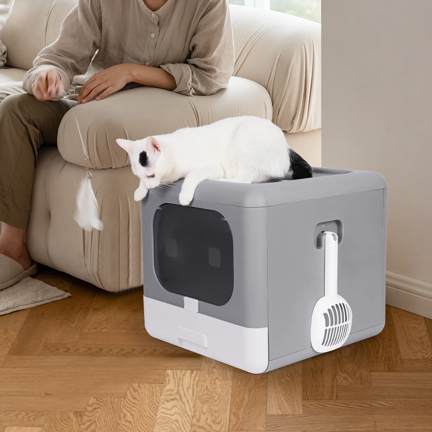 Modern Cat Litter Box Cat House Furniture Detachable Kitten Cat Potty Top Front Entry Portable Scoop Drawer